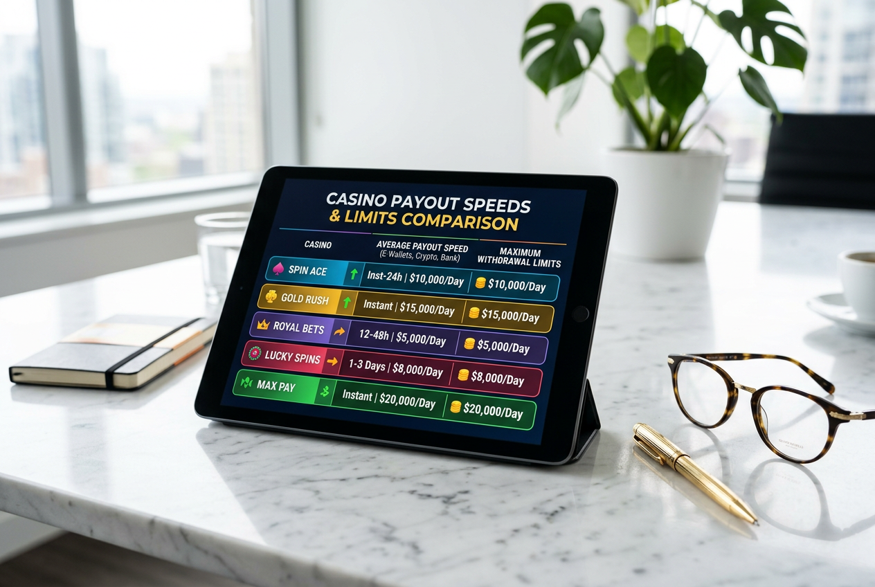 A high-end tablet showing a financial table and casino logos on a marble surface.
