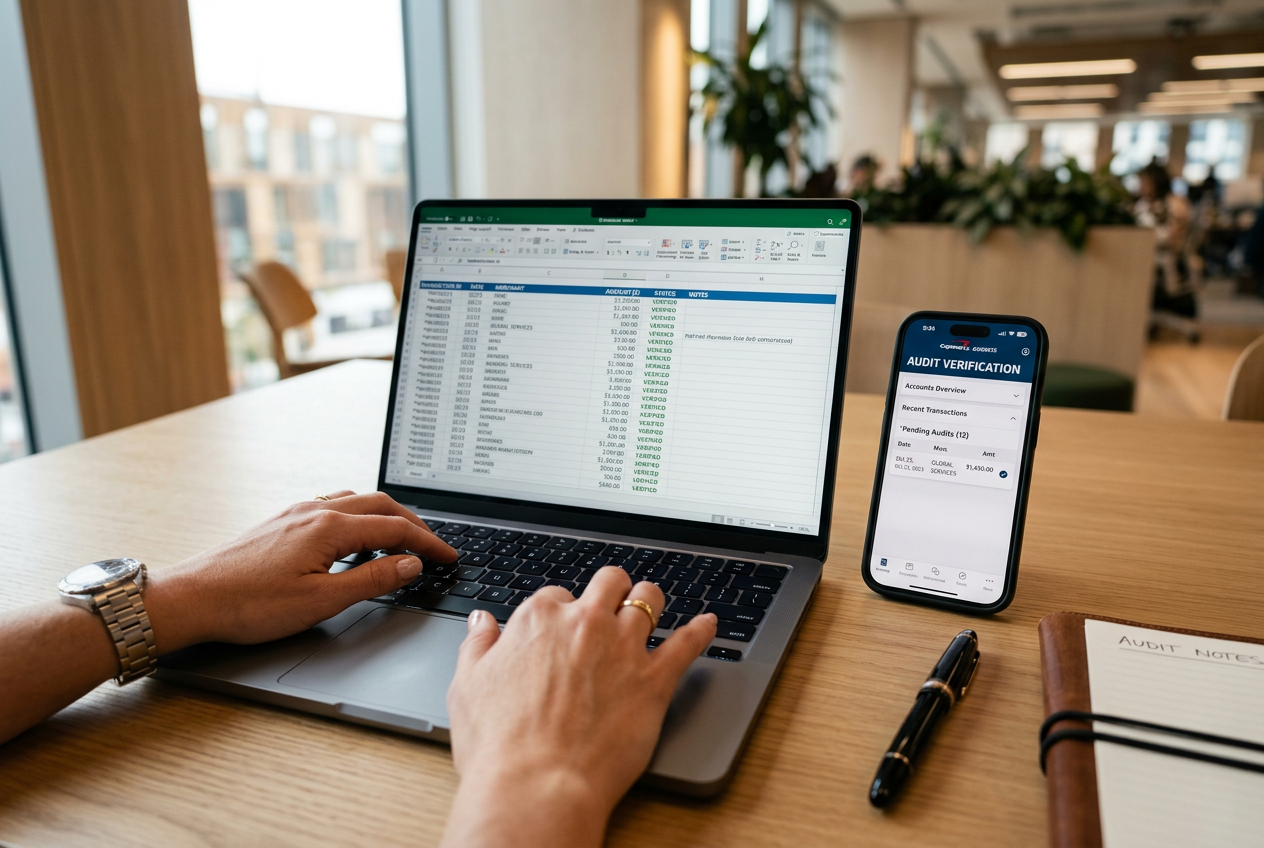A professional setting showing hands analyzing data on a laptop and a smartphone.